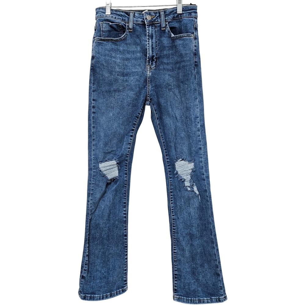 Y2K Style High Rise Distressed Bootcut Jeans Indie Grunge Faded Blue Stretch 28